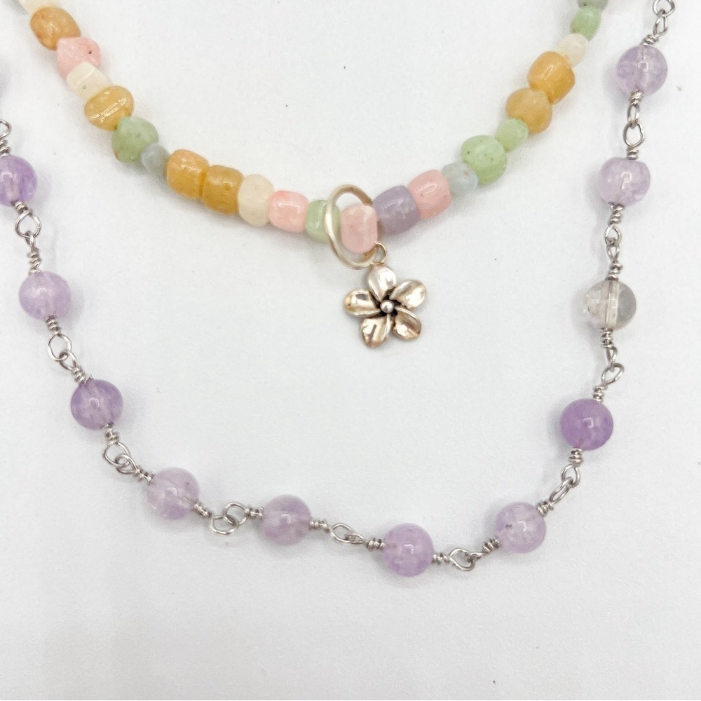 Lavender jade rosary chain and moonstone necklace